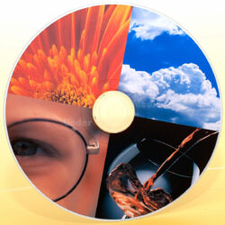 Die CD zeigt vier verschiedene Bilder: ein Auge mit Brille, eine orange Blume, einen blauen Himmel mit Wolken und ein Glas mit Flüssigkeit.