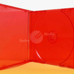 Eine transparente rote DVD-Hülle, die geöffnet ist und eine leere Innenfläche zeigt.