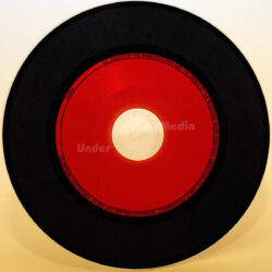 Eine Schallplatte mit einem roten Label in der Mitte, die Urheberrechtsinformationen um die Mitte herum zeigt.