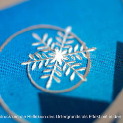 Detailansicht eines Drucks mit weißen Elementen auf blauem Hintergrund, das die Reflexion des Untergrunds zeigt.