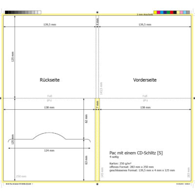 Technische Zeichnung eines Pac mit CD-Schlitz, einschließlich Maße und Materialien in deutscher Sprache.