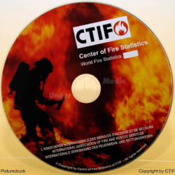 CD mit weltweiten Feuerwehrstatistiken und Feuerbekämpfungssymbolik