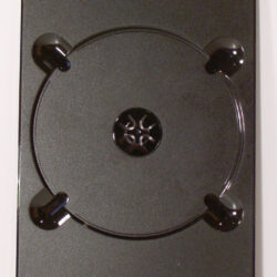 Schwarzer, flacher Sockel für Platten mit drehbarem Mechanismus und vier Halterungen.