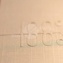 Nahaufnahme einer stofflichen Oberfläche mit geprägtem "100% Beethoven" Schriftzug und rotem Rand.