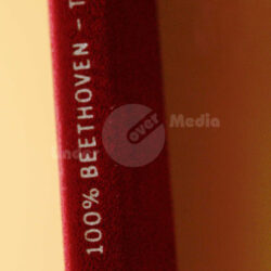 Details des Buchrückens mit dem Titel "100% Beethoven" auf rotem Hintergrund.