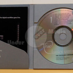 Geöffnete Hülle mit Einlegern links in einer Tasche und rechts 2 CDs.