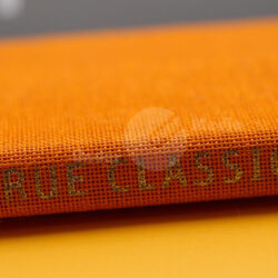 Nahaufnahme des Buchrückens mit dem Titel "TRUE CLASSICS" auf orangefarbenem Stoffhintergrund.