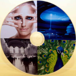 Eine CD mit vier verschiedenen Bildmotiven: ein Porträt einer Frau, ein futuristisches Design, eine Schwarz-Weiß-Aufnahme einer Bahnhofshalle und ein farbenfroher Pfau.
