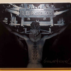 Artwork featuring a person with a stylized back tattoo, surrounded by abstract mechanical elements, in a monochromatic color scheme.