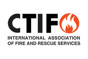Logo der Internationalen Vereinigung der Feuerwehren und Rettungsdienste mit Flammen-Symbol.