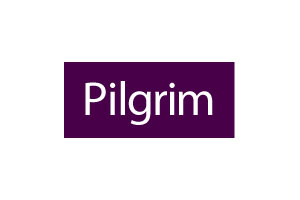 Logo des Unternehmens Pilgrim auf lila Hintergrund mit weißer Schrift.