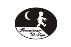 Schwarz-weißes Logo mit einem tanzenden Kind und Mondsymbol, das den Namen "Traumtänzer D-Sign" zeigt.