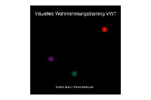 Ein Cover für das Buch "Visuelles Wahrnehmungstraining VWT", mit drei leuchtenden Punkten in Rot, Grün und Violett auf schwarzem Hintergrund.